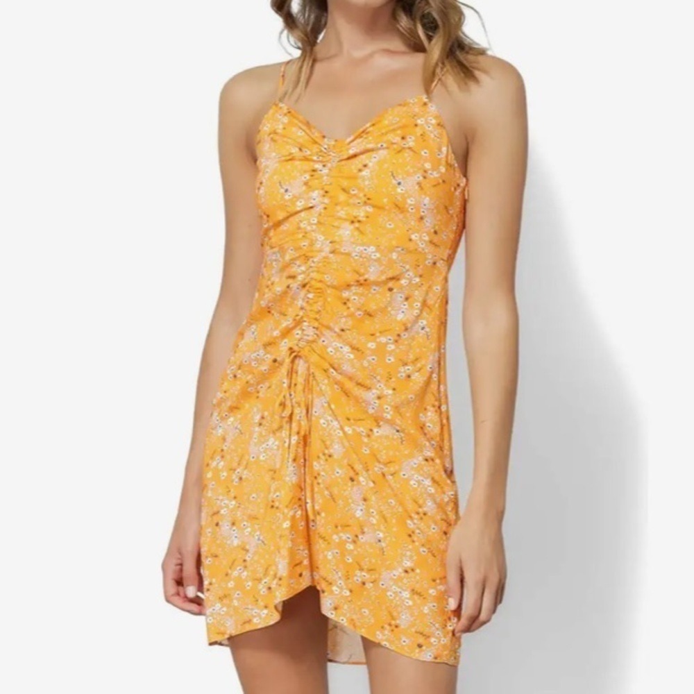 New LINE AND DOT Women's Large Orange Multi Spaghetti Strap Ruched Mini Dress
